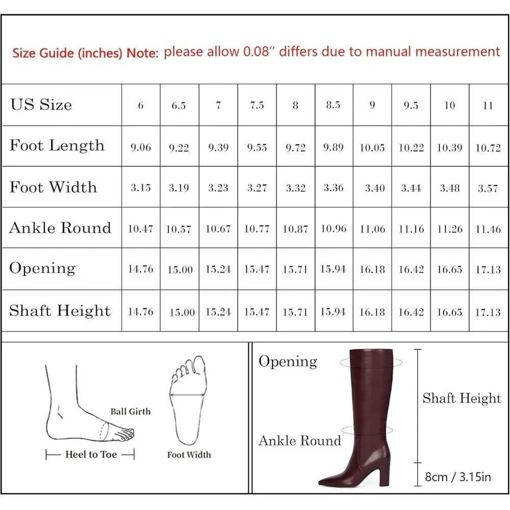Women Burgundy Chunky Heel Pointed Toe Side Zipper Fall Dressy Comfortable Boots